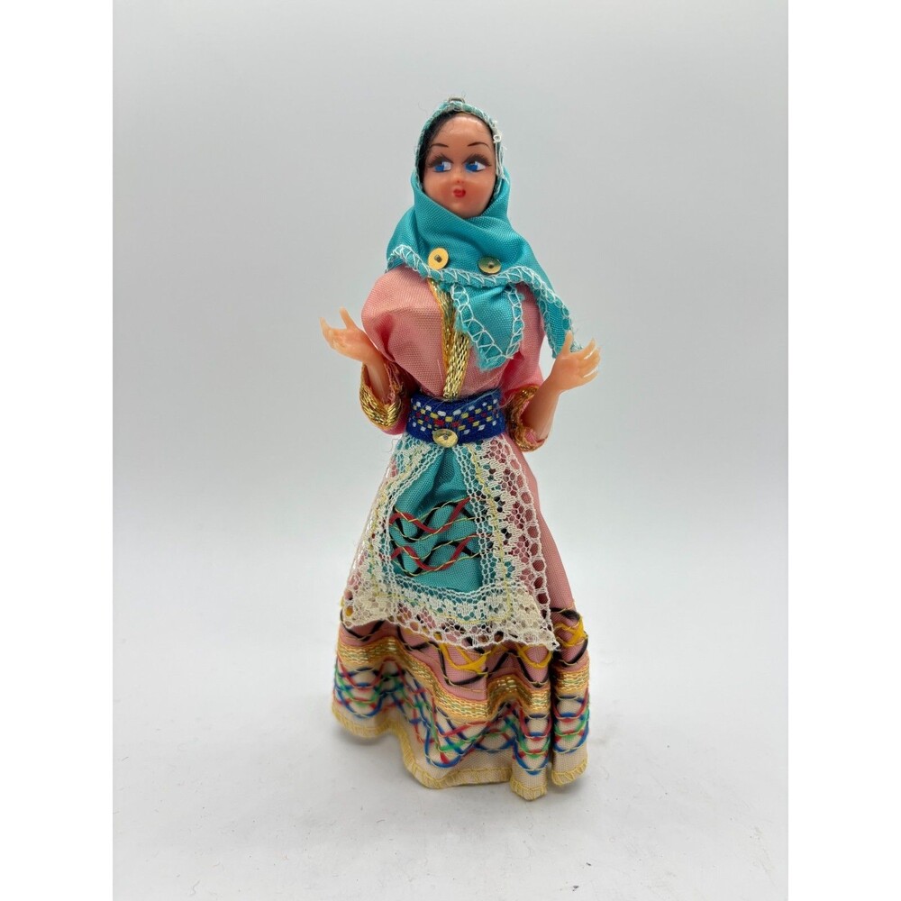 Vintage Doll Traditional Costume Pink Teal Skirt Headdress Souvenir 6"